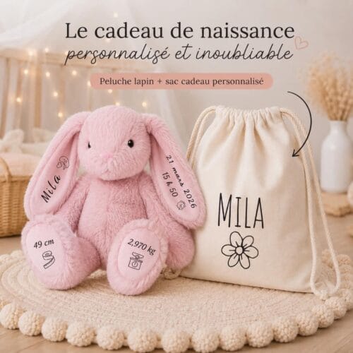 peluche lapin personnalisée rose poudré avec prénom et infos de naissance