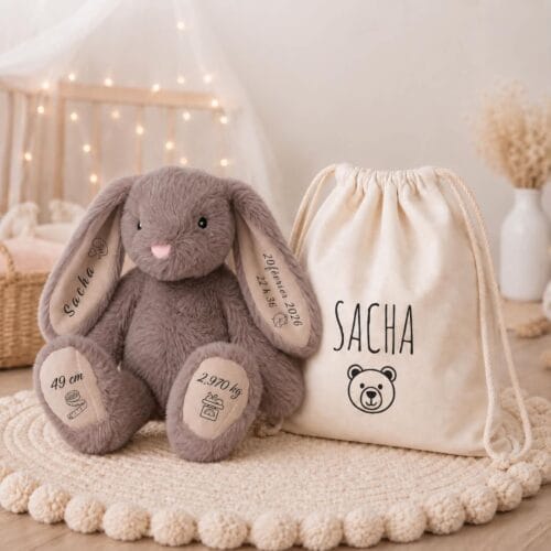 peluche lapin personnalisée taupe avec prénom et infos de naissance