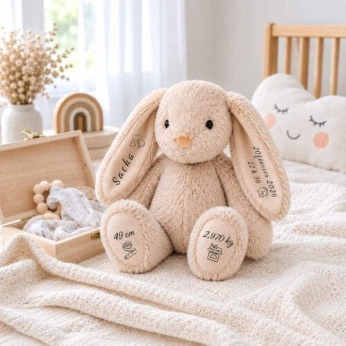 Peluche lapin personnalisée au prénom et aux informations de naissance de l’enfant
