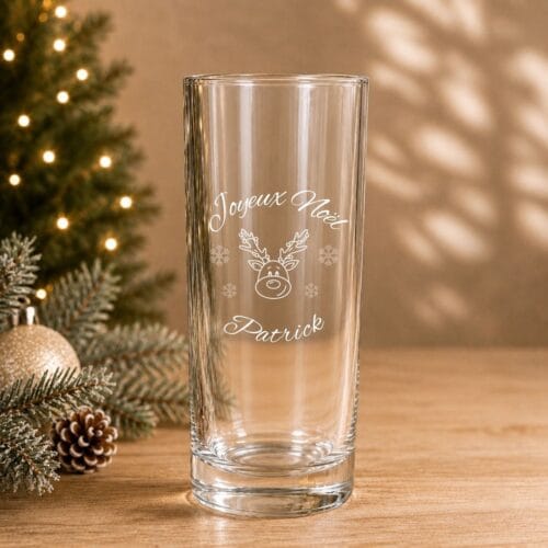Grand verre de Noël gravé motif renne avec prénom personnalisé