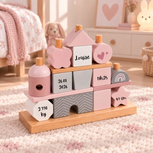 Maison à empiler personnalisée en bois, coloris rose – prénom gravé sur la façade
