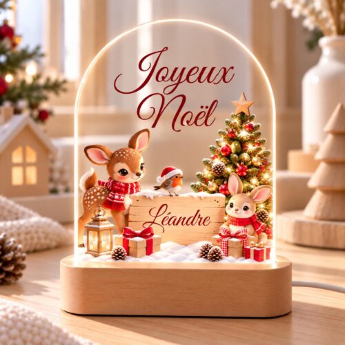 Veilleuse de Noël faon et lapin personnalisée Joyeux Noël avec prénom sur pancarte en bois